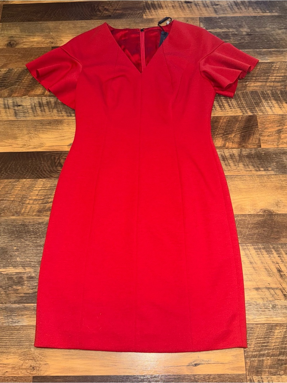 Elie Tahari Red V-Neck Midi Sheath Dress